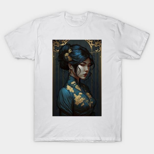 A Chinese Beauty in Blue and Gold T-Shirt by ArtNouveauChic